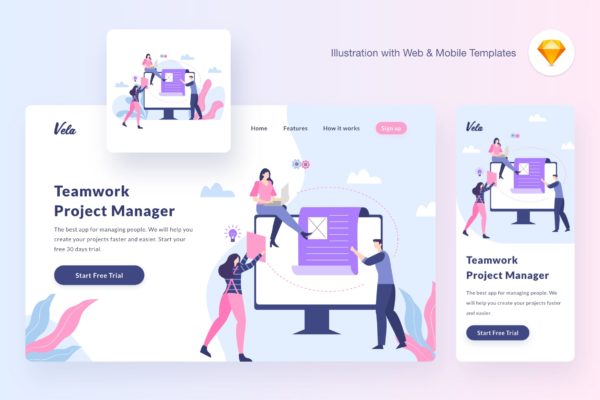 团队合作矢量概念插画素材[SKETCH&amp;SVG] Vela teamwork illustration (Sketch, SVG)