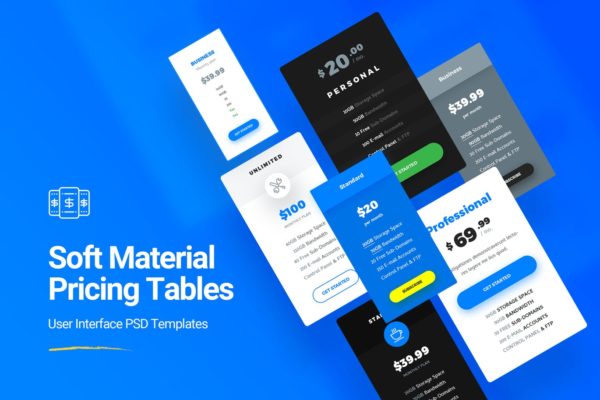 7种设计风格网站服务价格表单设计PSD模板 Soft Material Pricing Table PSD Templates