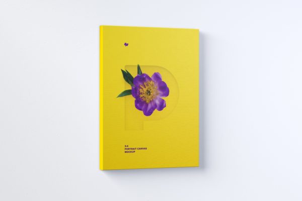 3:4比例肖像油画展示左视图样机素材库精选 3:4 Portrait Canvas Mockup Hanging on Wall, Left View