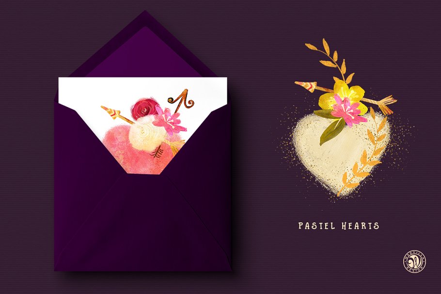 彩色粉笔画心形手绘插画 Pastel Hearts插图(1)