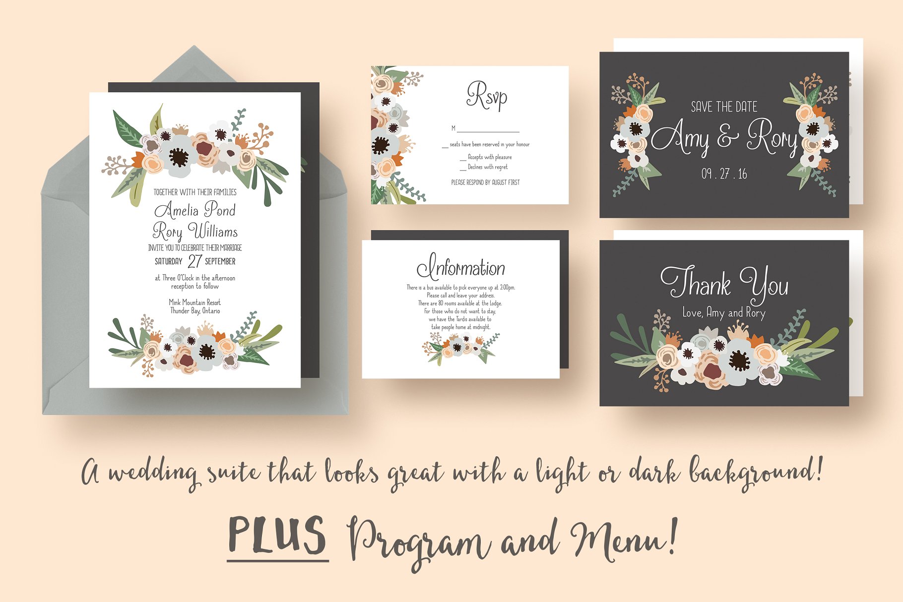 现代花卉婚礼邀请函模板套装 Modern Floral Wedding Suite插图