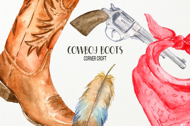 西部牛仔文化靴子&配件水彩插画合集 Watercolor Cowboy Boots And Accessory collection插图(5)