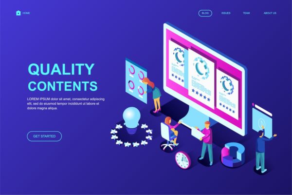 内容质量管理等距概念插画着陆页设计模板 Quality Content Isometric Landing Page Template