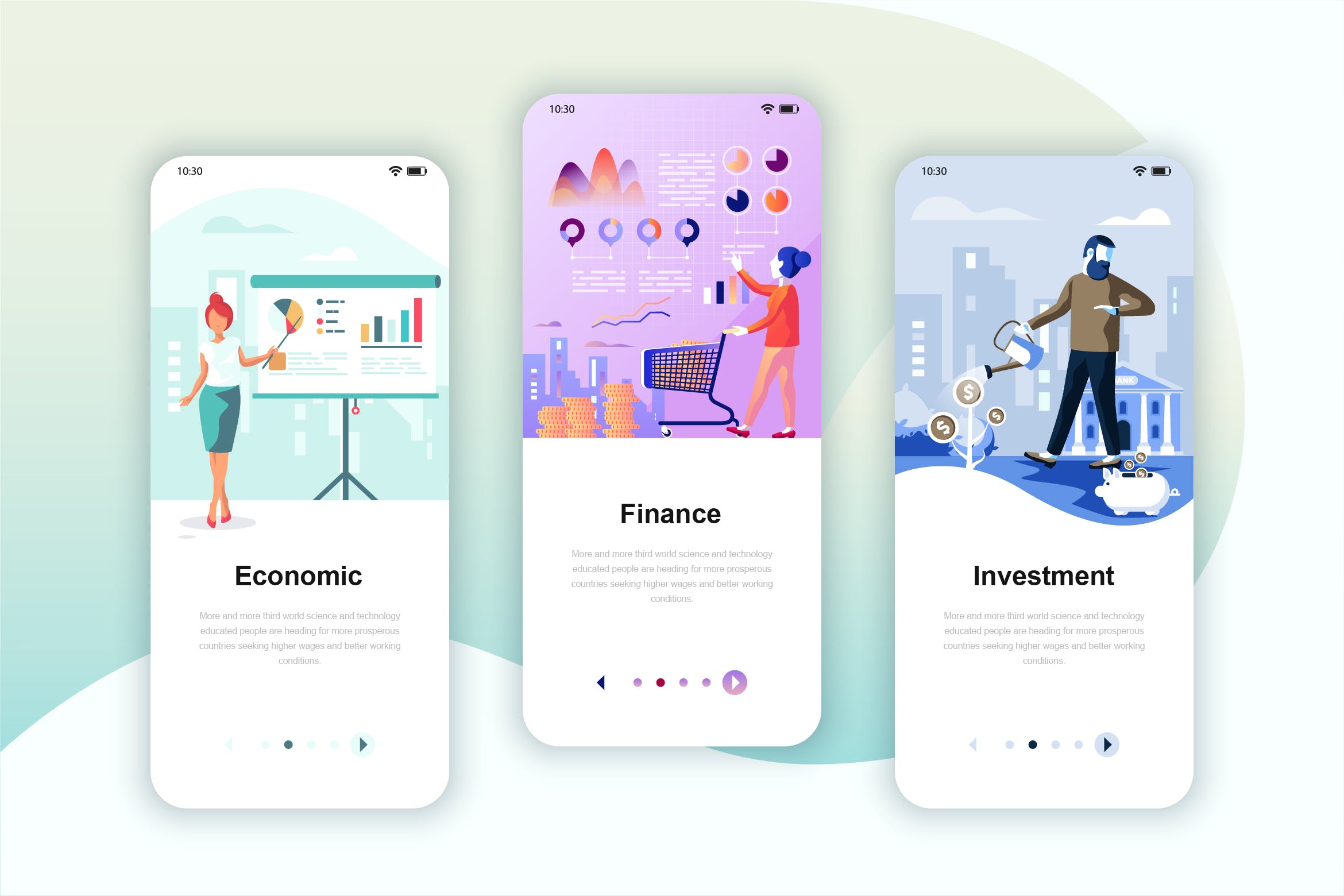 经济学/金融/投资主题素材库精选概念插画移动APP应用启动页模板 Instagram Stories Onboarding Screens Mobile App插图