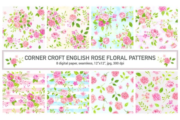 浪漫手绘水彩玫瑰花卉背景 Watercolor Pattern English Rose
