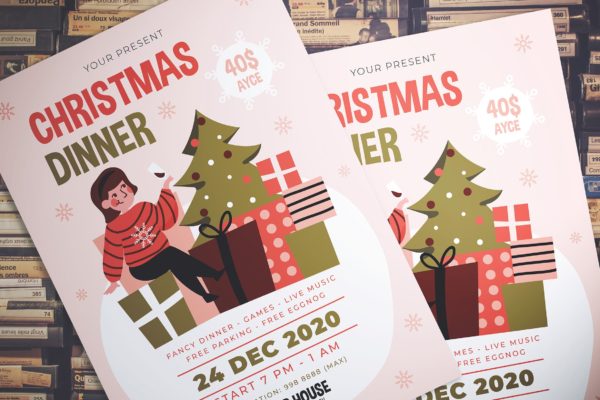 圣诞节晚宴派对活动海报传单模板 Christmas Dinner Party Flyer