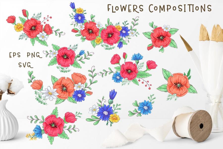 可爱的狐狸和罂粟花矢量剪贴画插图(8)