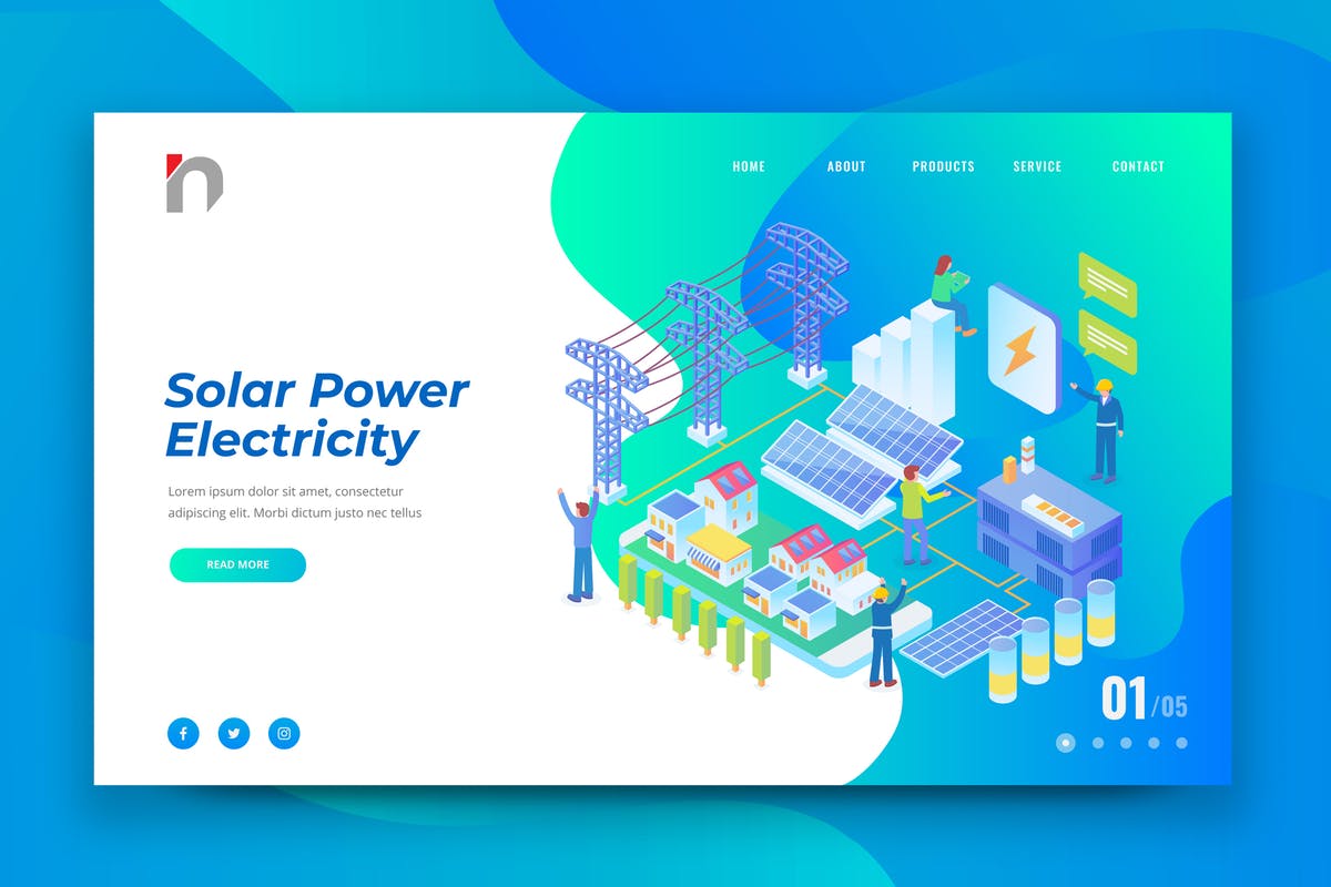 太阳能发电工程网站等距概念插画着陆页设计模板 Isometric Solar Power Plant Web PSD and AI Vector插图