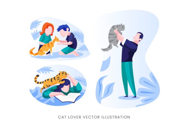 爱猫人士人物形象矢量手绘素材库精选设计素材 Cat Lover Vector Character Set