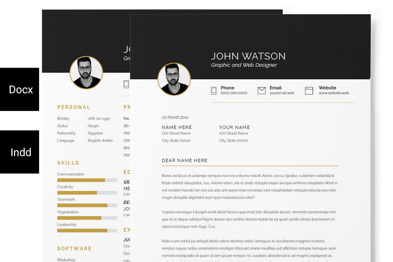 黑白简约风个人简历＆介绍信版式设计模板 Resume + Cover Letter插图(1)