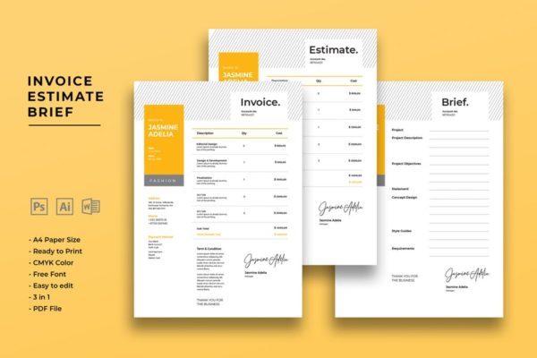 高级商用账单发票单据设计模板 Invoice Estimate Brief