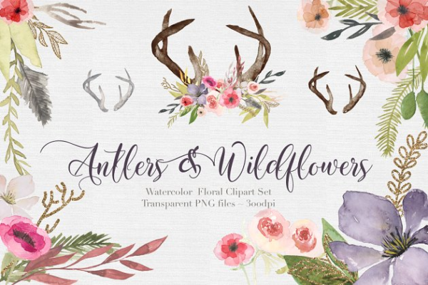 独特手绘花卉鹿角剪贴画合集 Antlers &amp; flowers Watercolor Clipart