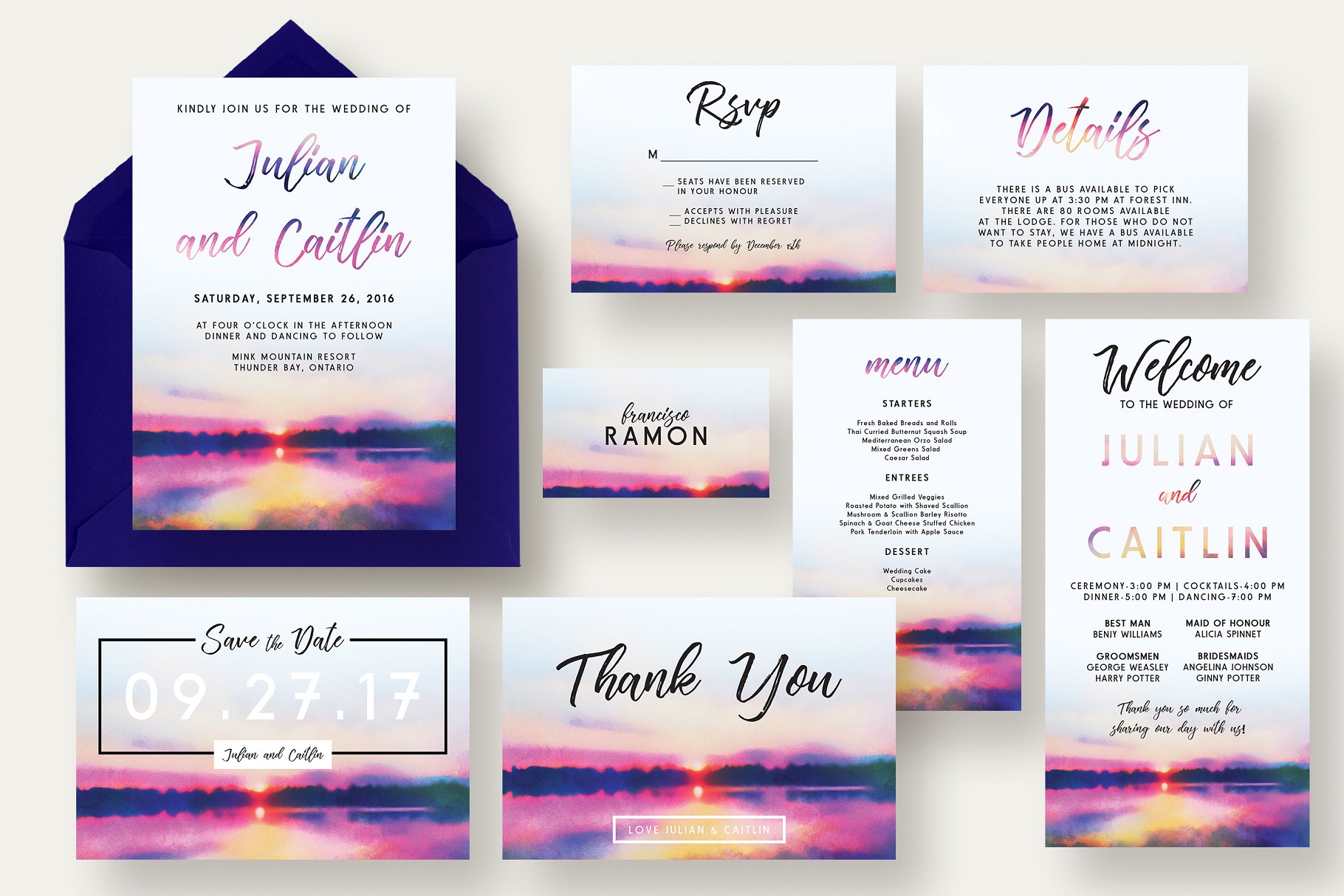日落湖泊婚礼请柬套装 Sunset Lake Wedding Invitation Suite插图