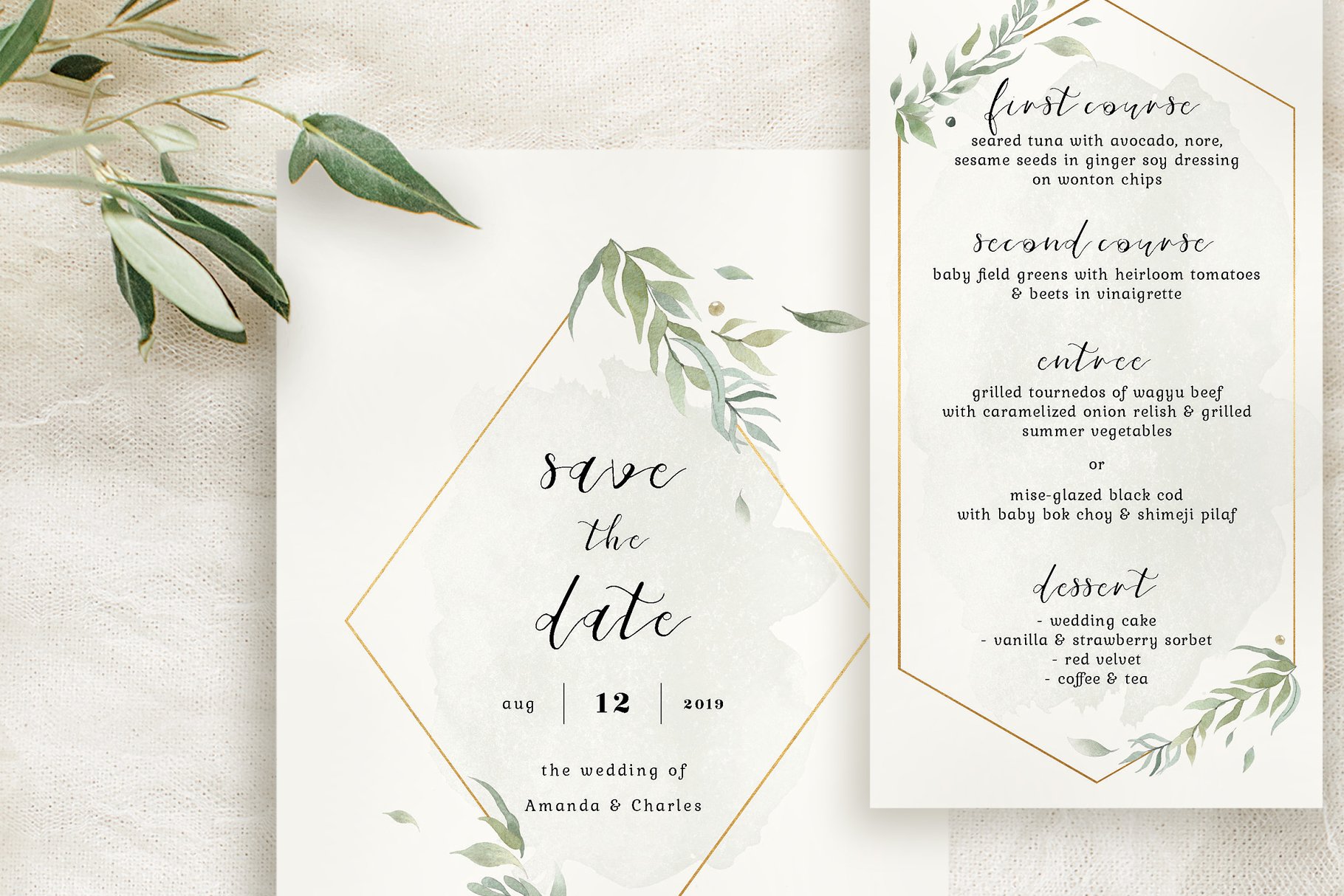 黄金几何线条水彩风婚礼邀请函设计套件 Modern Gold Foliage Wedding Suite插图(1)