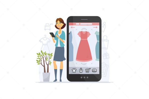 网上购物卡通人物矢量插画素材 Shopping online – cartoon character illustration