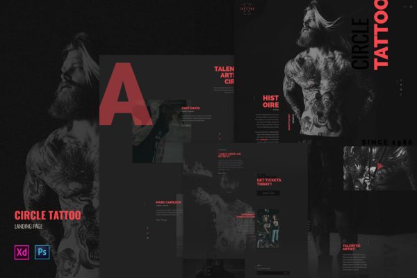 纹身主题网站设计PSD&amp;XD模板 Circle Tattoo – Tattoo landing page template