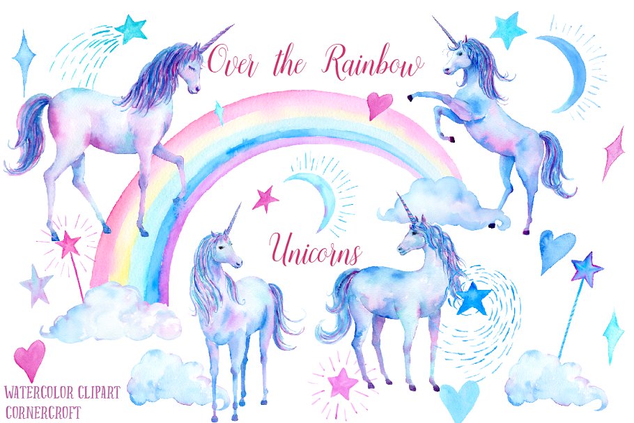 粉紫彩虹色调彩手绘独角兽插图 Pink and Purple Unicorns插图