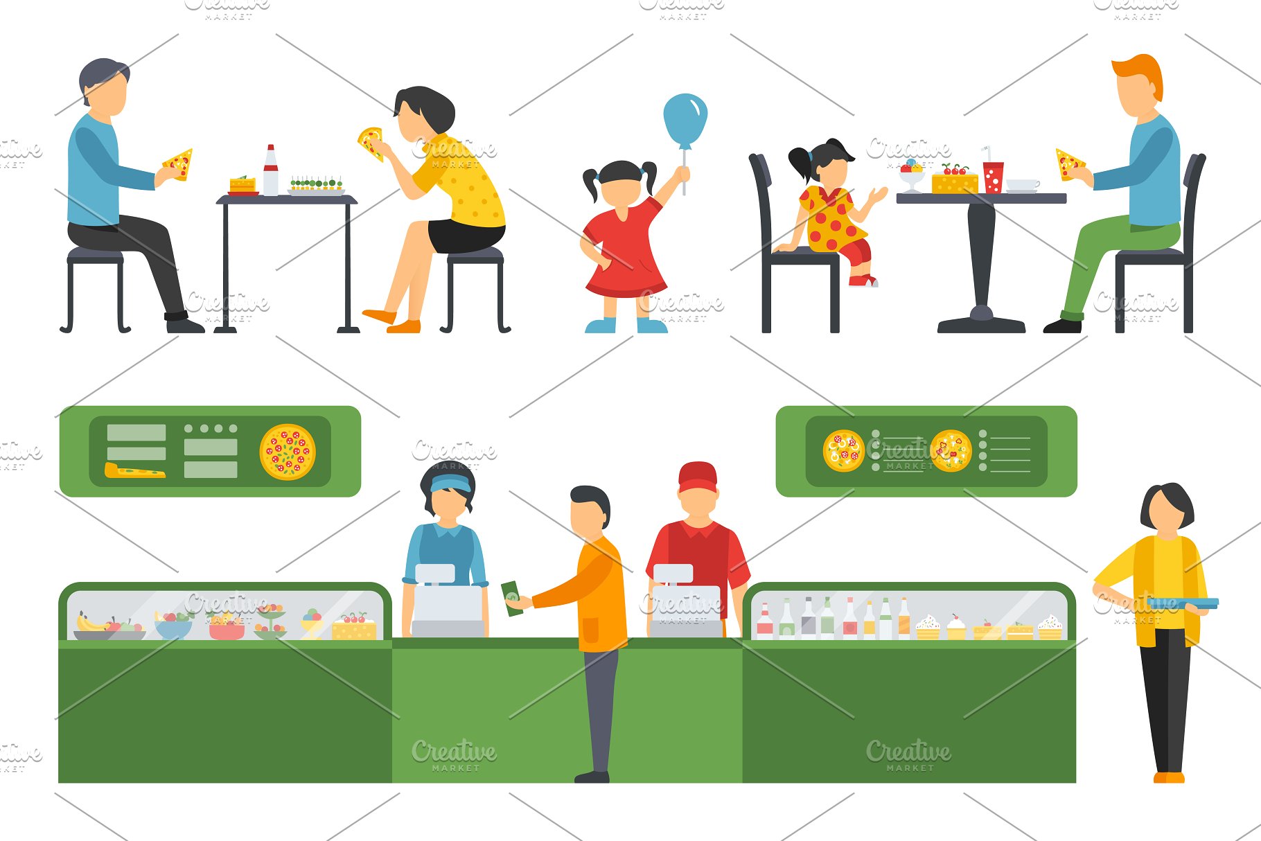 各式职业人员吃披萨形象扁平化设计矢量插画 Pizzeria – flat people set插图(13)