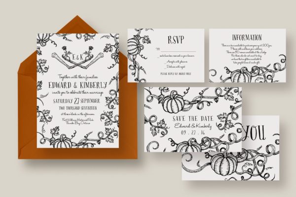 万圣节南瓜婚礼邀请函模板套装 Halloween Pumpkin Wedding Suite