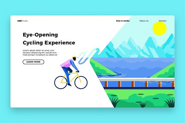 时尚简约多用途的扁平化自行车运动户外banner海报着陆页插画设计模板