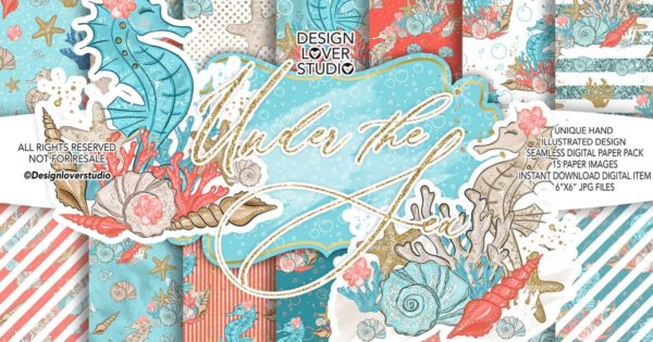 海洋生物水彩背景图案设计素材 Under the Sea digital paper pack