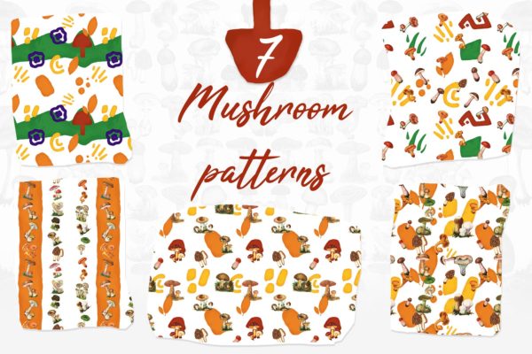 7款蘑菇手绘图案图片纹样背景素材 7 Mushroom Patterns