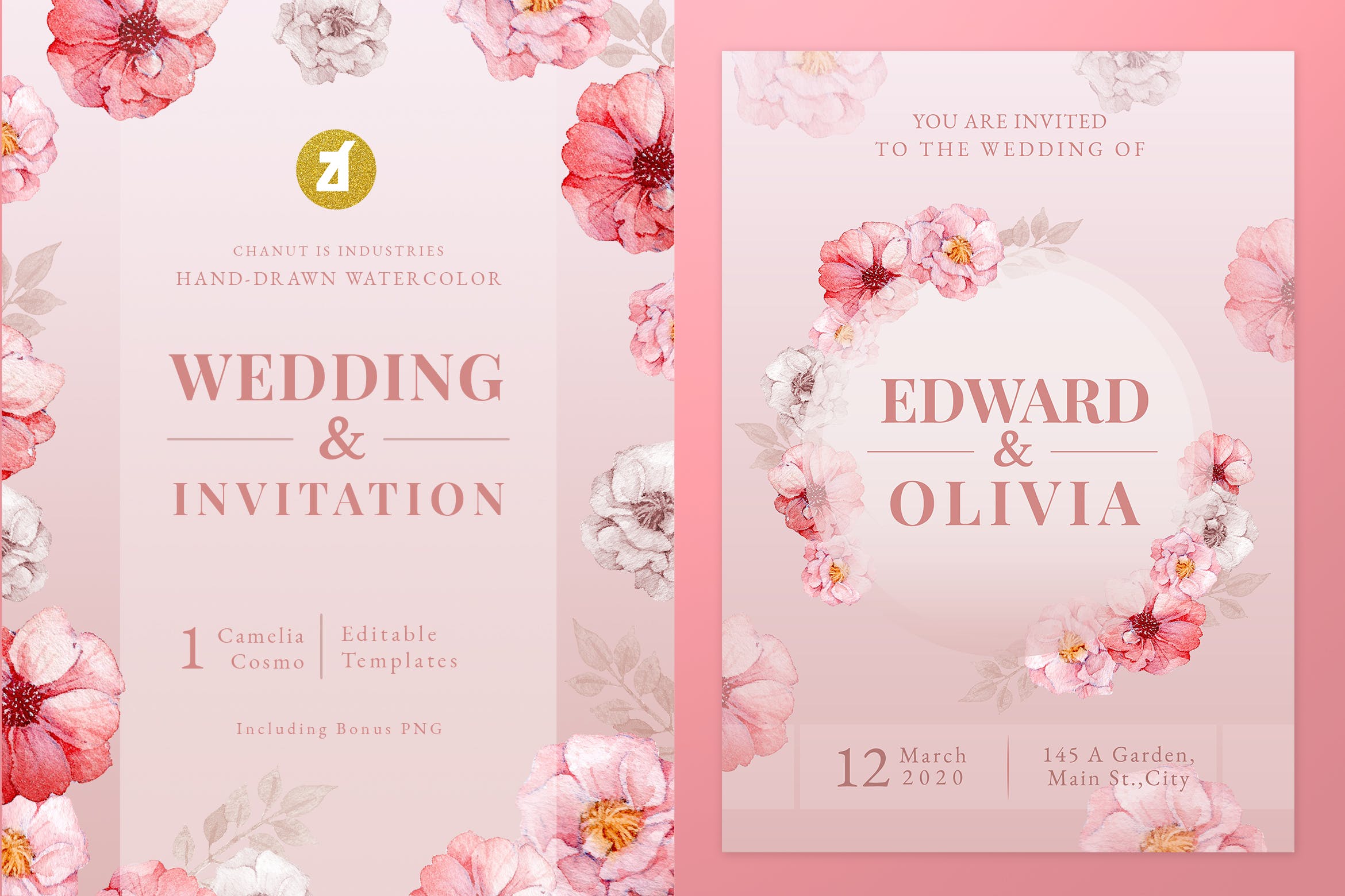 手绘水彩花卉婚礼请柬设计模板 Floral Hand-drawn Watercolor Wedding Invitation插图