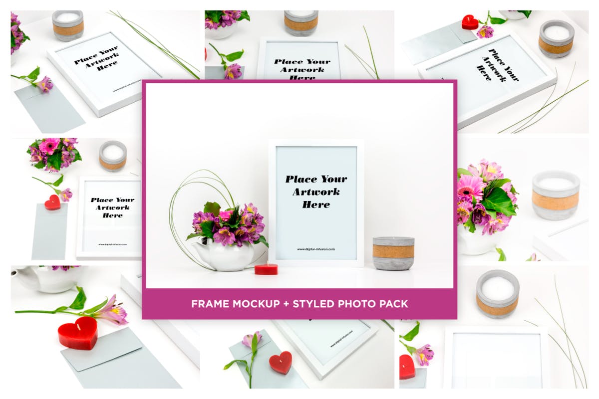 情人节主题白色画框架样机模板 White Frame Mockup – Valentines Day插图