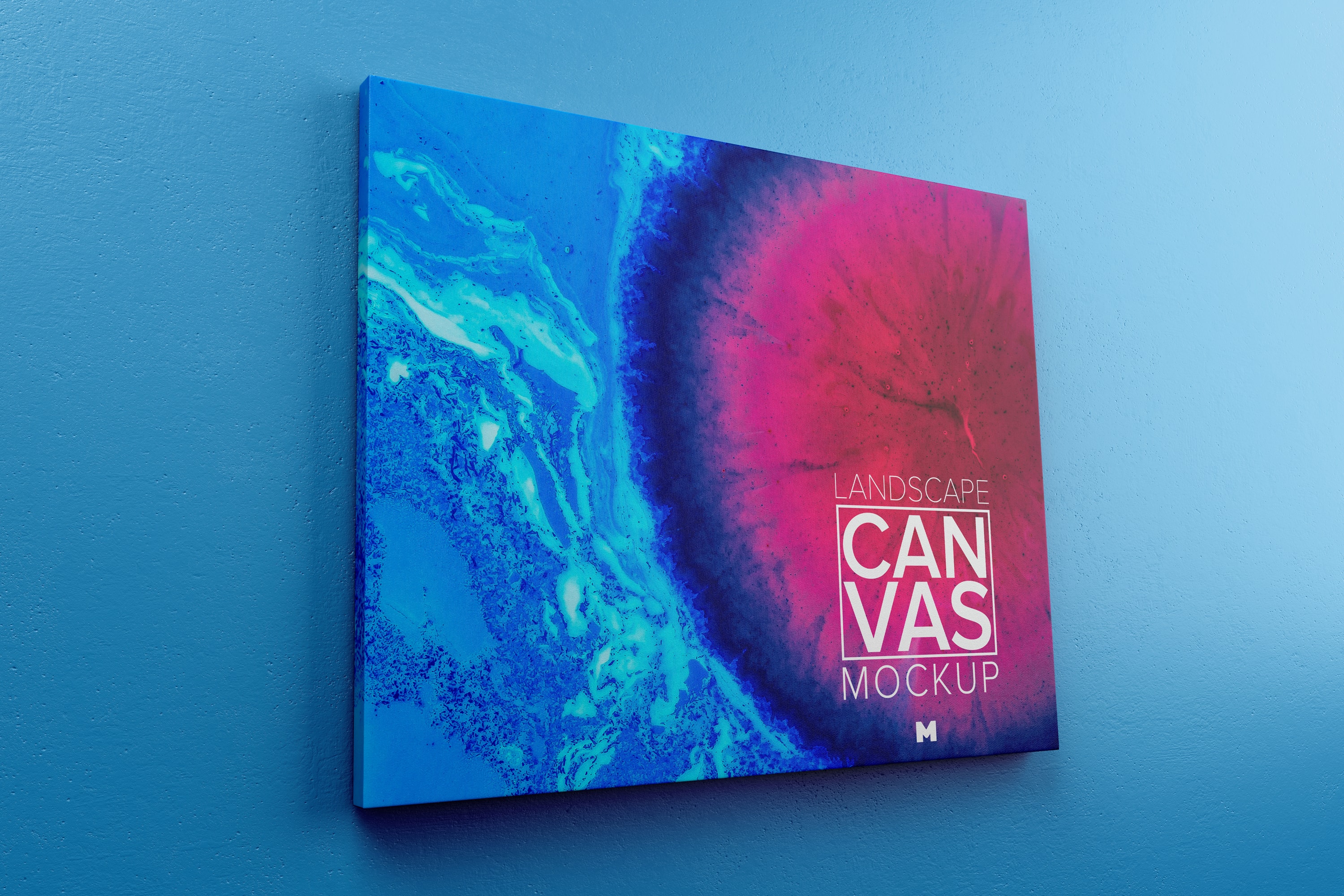 挂墙画布绘画作品展览样机模板 Landscape Canvas Frame Mockup Hanging on Wall in Perspective插图(1)