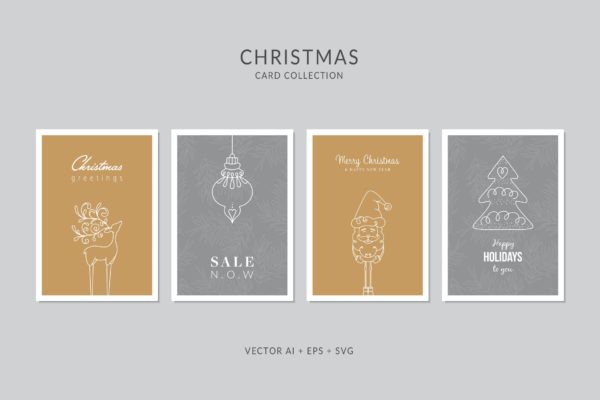 简笔画艺术风格圣诞节贺卡矢量设计模板集v3 Christmas Greeting Card Vector Set