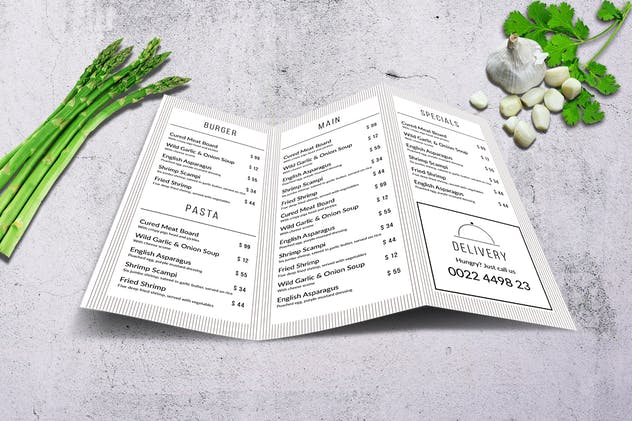 极简主义折页菜单模板 Minimal A4 Trifold Menu – 2 Color Versions插图(2)