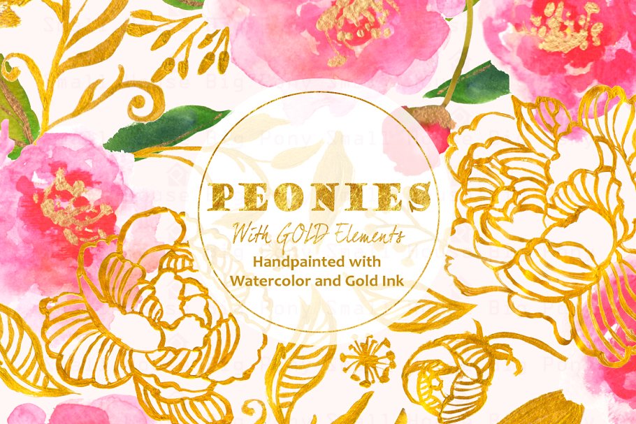 金箔风格牡丹插画 Peonies with Gold Ink插图
