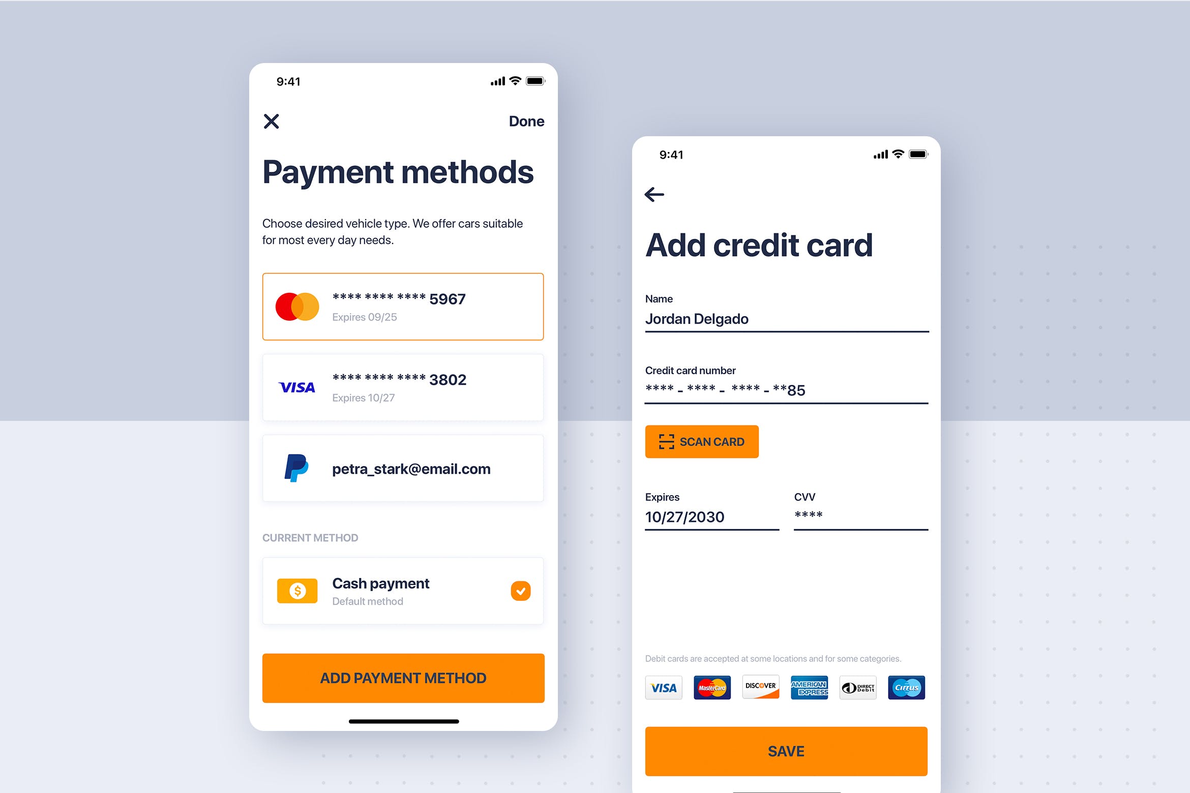 类滴滴打车APP应用支付方式界面设计模板 Car rental mobile UI Kit – Payment Method插图