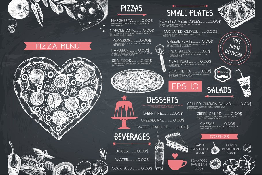 情人节主题西餐菜单模板 Vector Menu for Valentine’s Day插图(1)
