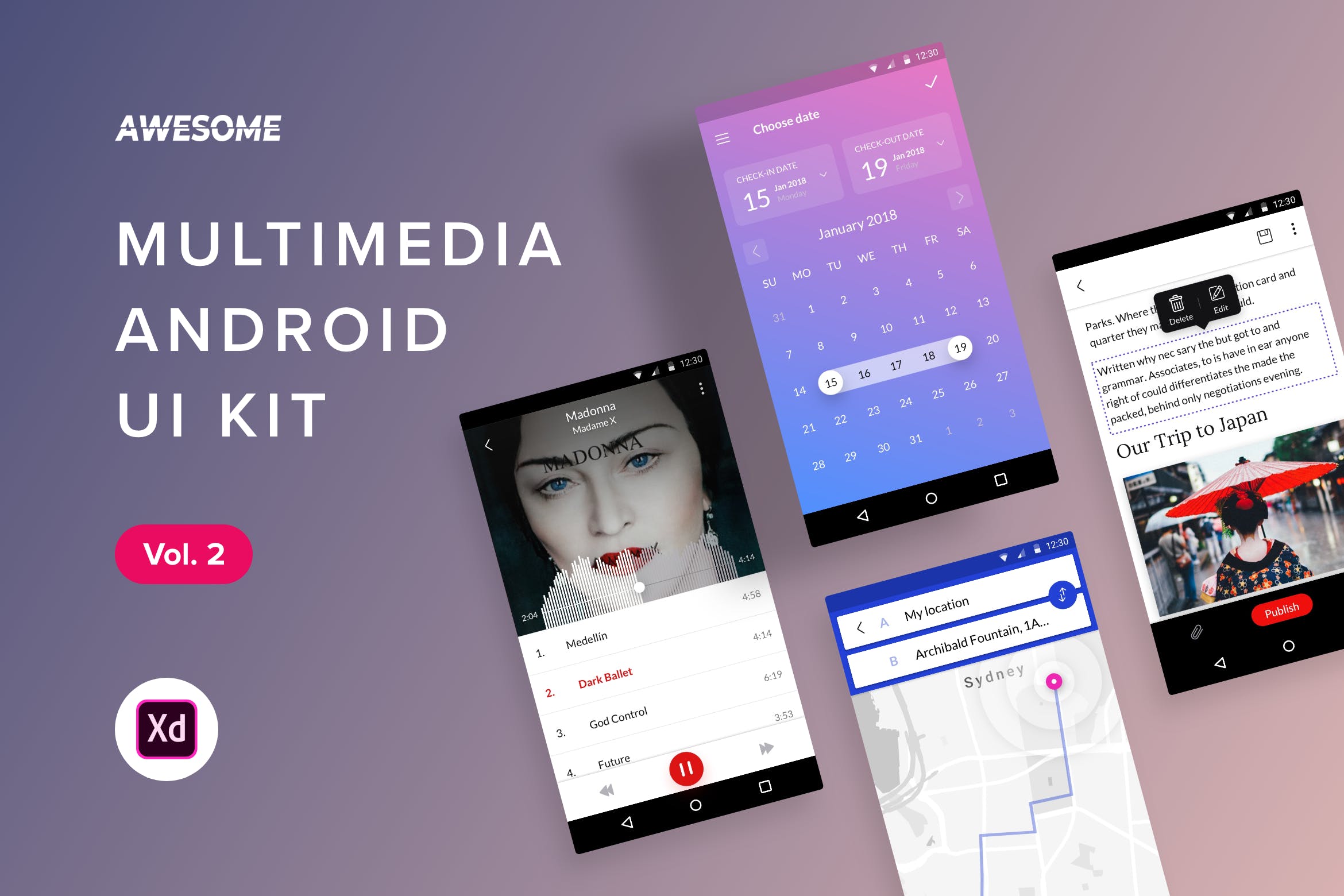 安卓平台在线听歌APP应用用户交互界面设计XD模板v2 Android UI Kit – Multimedia Vol. 2 (Adobe XD)插图