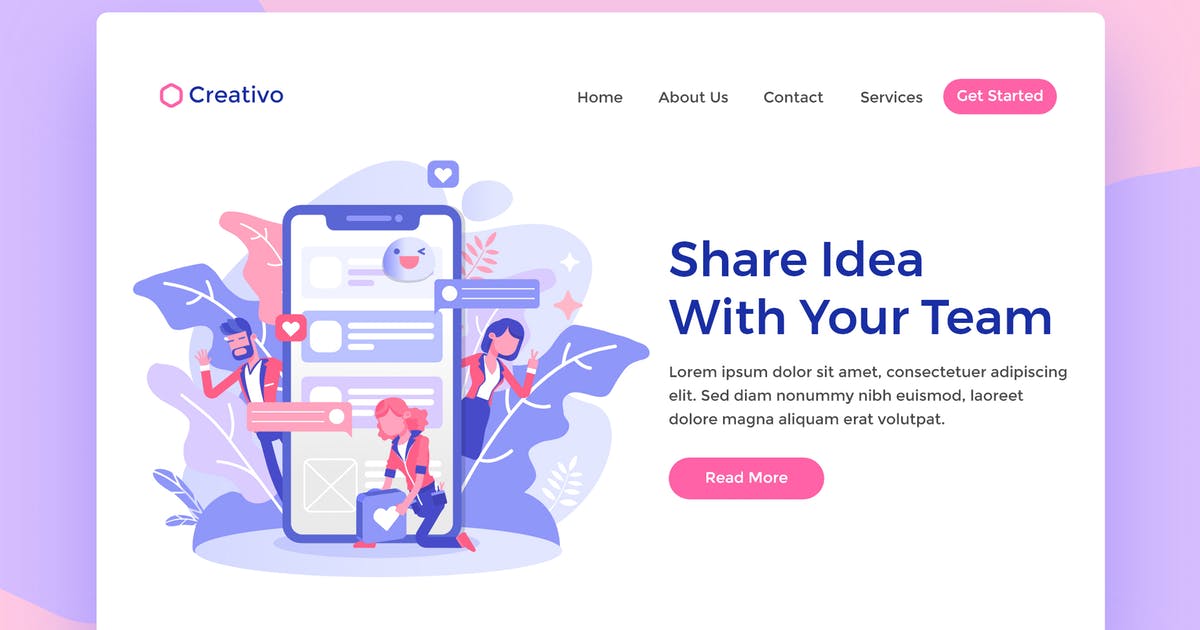 网站着陆页设计团队沟通交流APP插画素材 Coworker Messaging App Landing Page Illustration插图