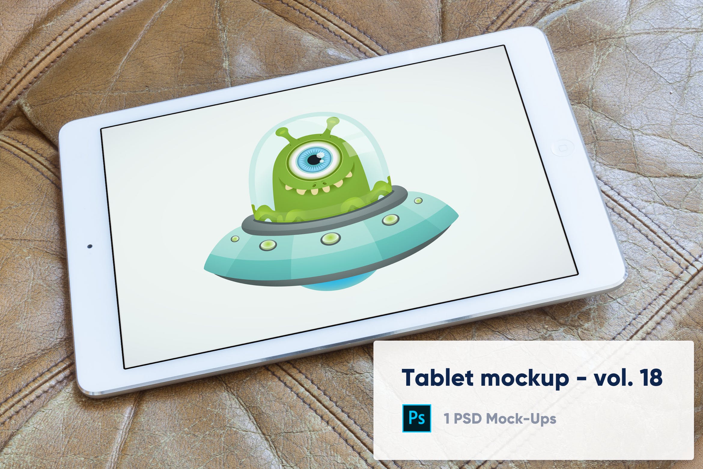 棕色皮革背景iPad平板电脑屏幕演示素材库精选样机v18 Tablet on Brown Leather Background Mockup – Vol.18插图