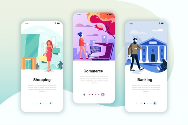 购物/电商/银行生活服务主题矢量插画APP引导页启动页设计模板 Instagram Stories Onboarding Screens Mobile App