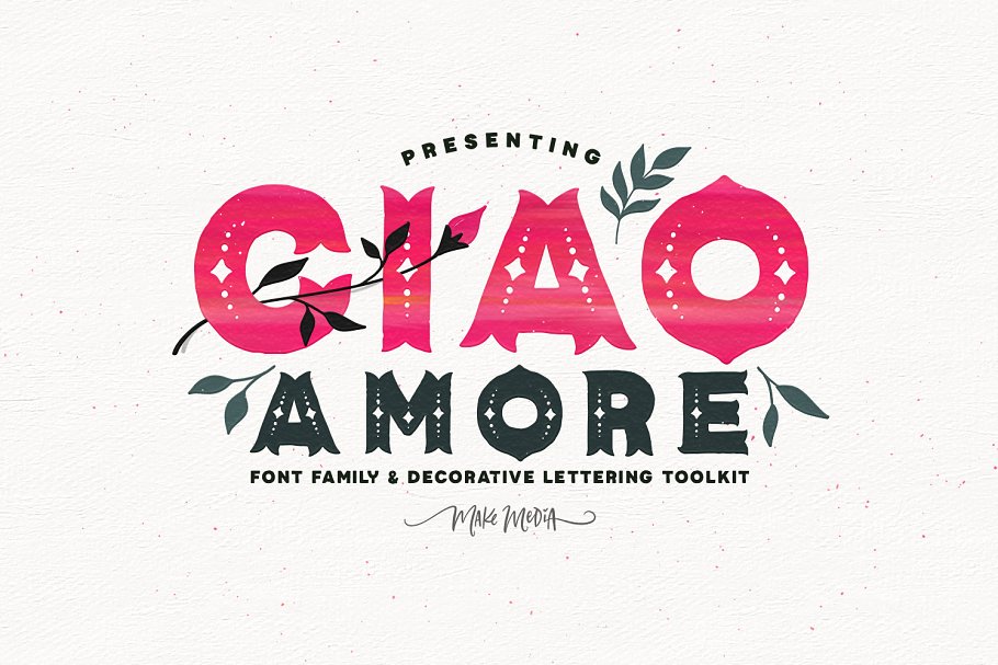 装饰英文字体+超过200手绘花卉装饰图形元素 Ciao Amore Decorative Font Kit插图