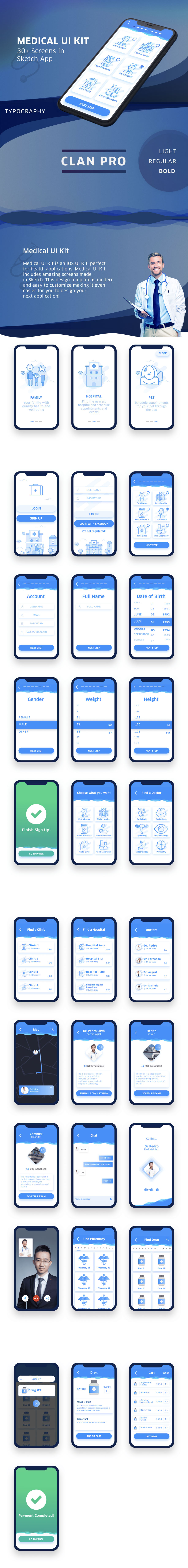 素材库下午茶：功能齐全的医疗就诊和预约类APP Ui Kits模板下载[Sketch]