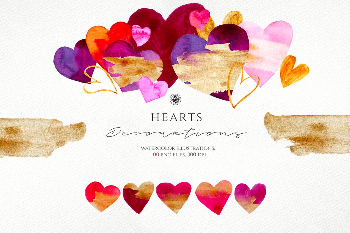 爱心主题水彩插画合集 Hearts – Watercolor Illustrations插图