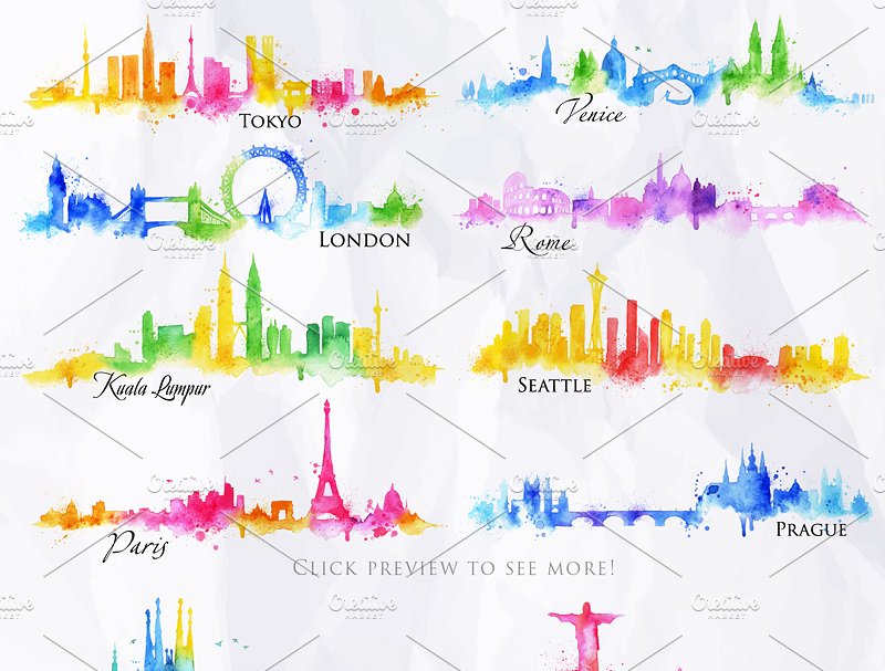 71个城市水彩剪影矢量图形 Silhouette city插图(1)