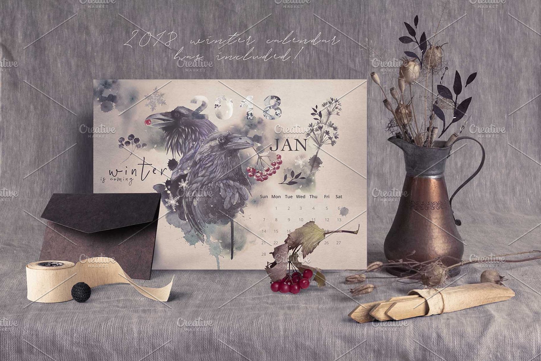 乌鸦、鸟、冬季风景、场景、水彩造型&字体 [2.81GB, 格式PNG, PSD,JPG &HTML] Ravens & birds vol.1插图(11)