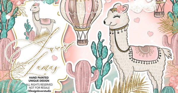 可爱羊驼水彩剪贴画动物素材下载 Sweet Lamas design