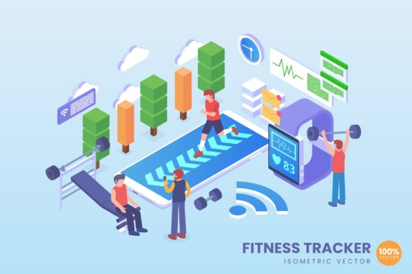 健身场景适配跟踪器2.5D矢量等距概念插画 Isometric Fitness Tracker Vector Concept
