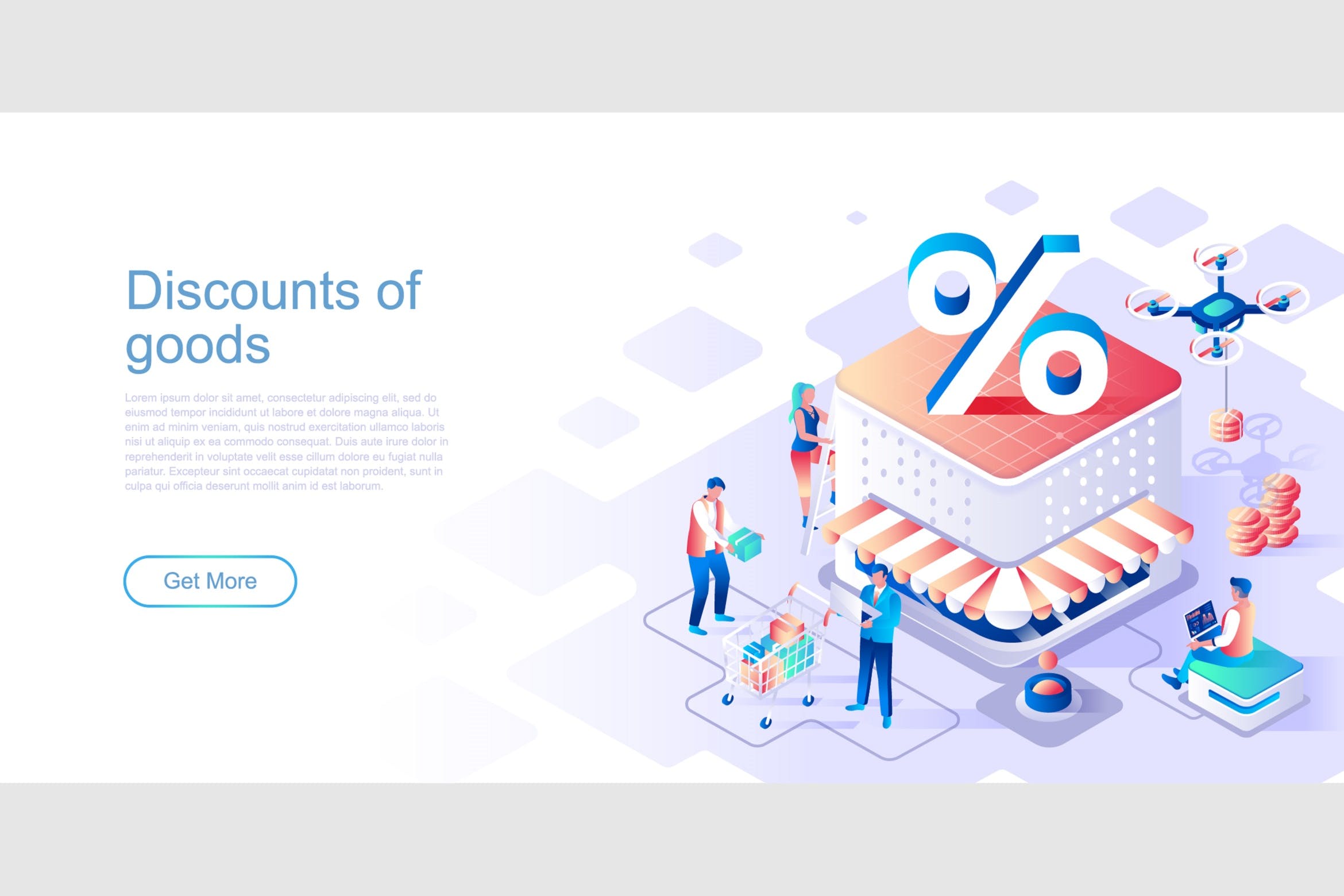 商品折扣主题扁平设计风格网站等距素材库精选概念插画 Discounts of Goods Isometric Flat Concept Header插图