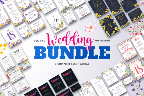 花卉装饰婚礼婚庆设计物料模板大集结[1.42GB] Floral Wedding Invitation Bundle