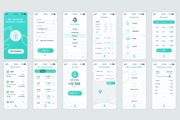 垃圾分类回收环保主题APP应用开发设计UI套件 Ecology Mobile App UI Kit