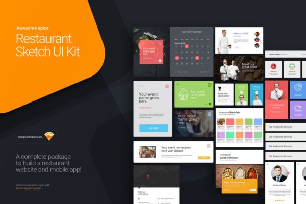 西餐餐馆品牌APP&amp;网站UI模板 Awesome spice – Restaurant Sketch UI kit