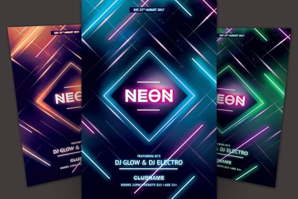 抽象霓虹灯光效果派对活动宣传单模板 Neon Flyer Template